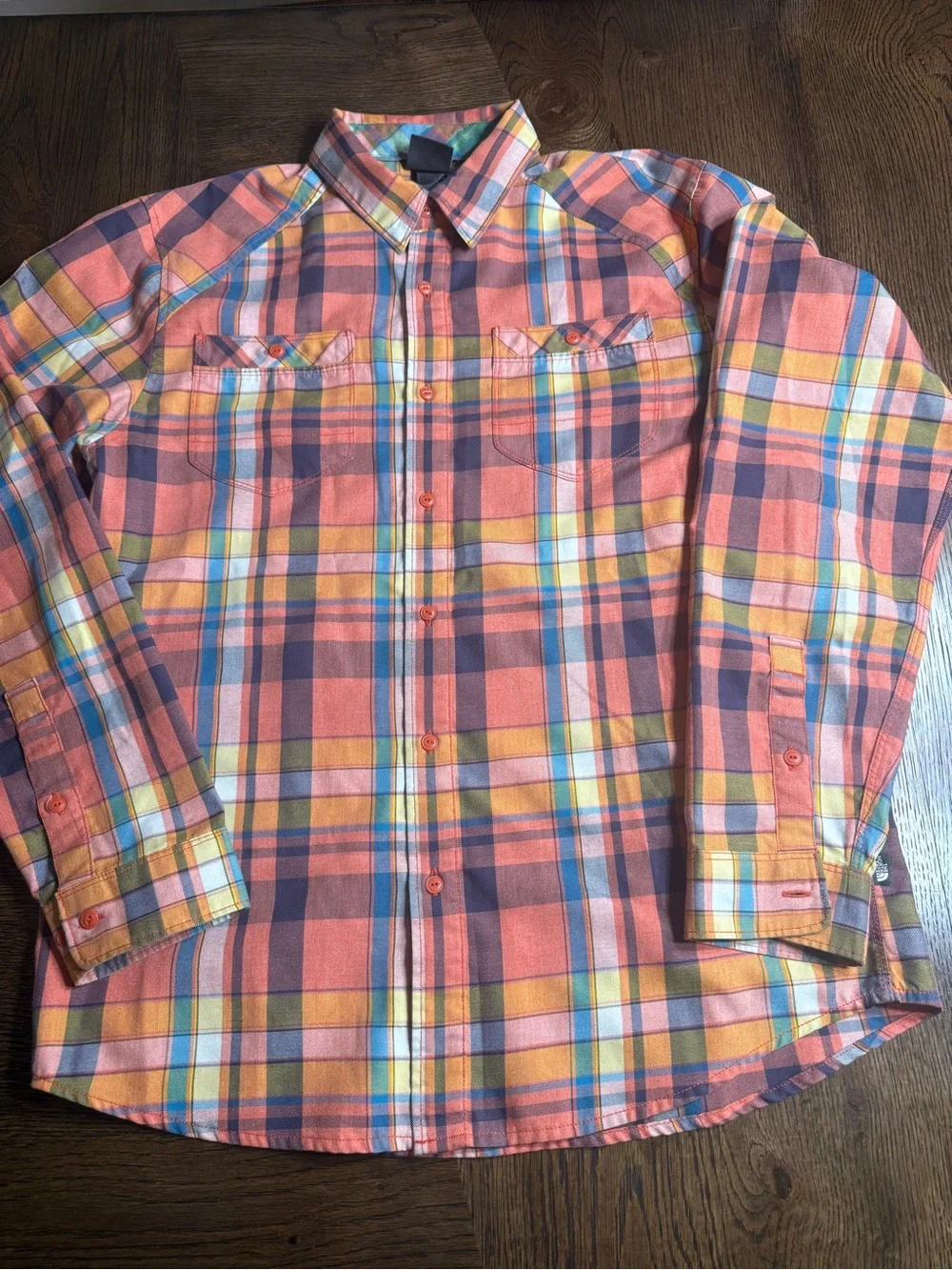 The North Face Men's Plaid Button-Up Shirt in Orange and Blue - size Medium
